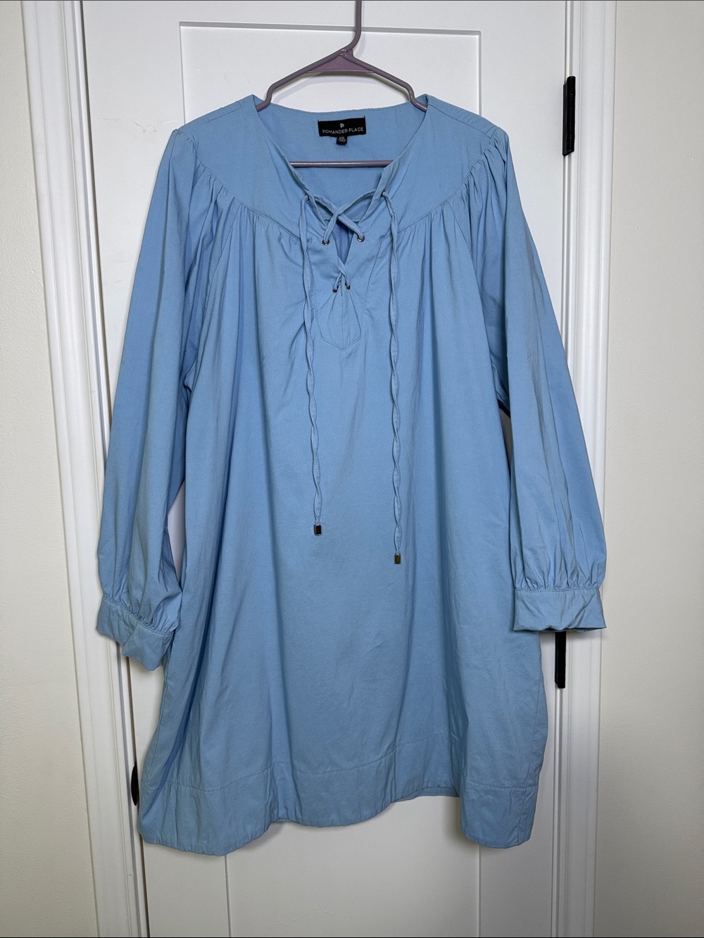 Pomander Place Sky Blue Long-Sleeve Lace-Up Tunic Dress